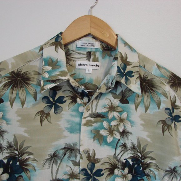Floral Hawaiian Mens Shirt Short Sleeve Blues Greens Pierre Cardin Size Large - Picture 2 of 12